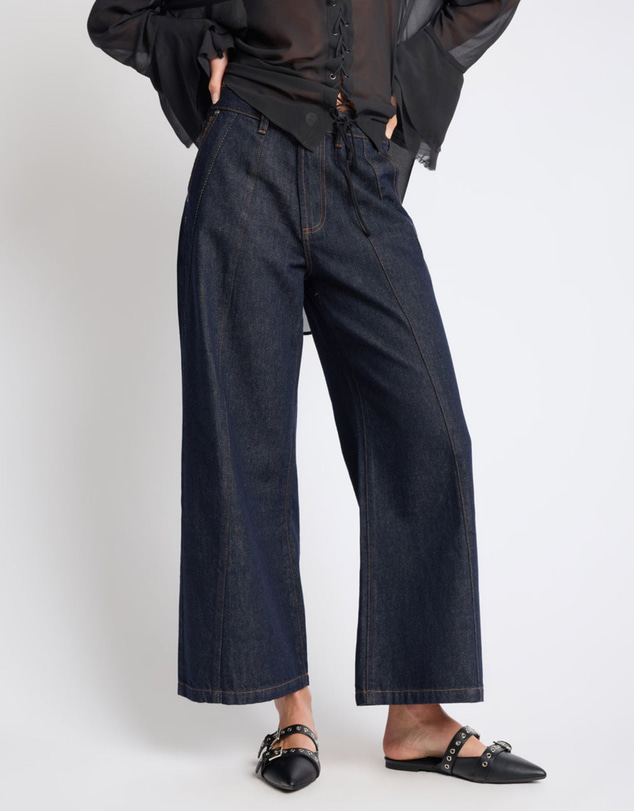 ONE TEASPOON - Hayden Mid Waist Wide Leg Cropped Denim Jeans - Raw Indigo