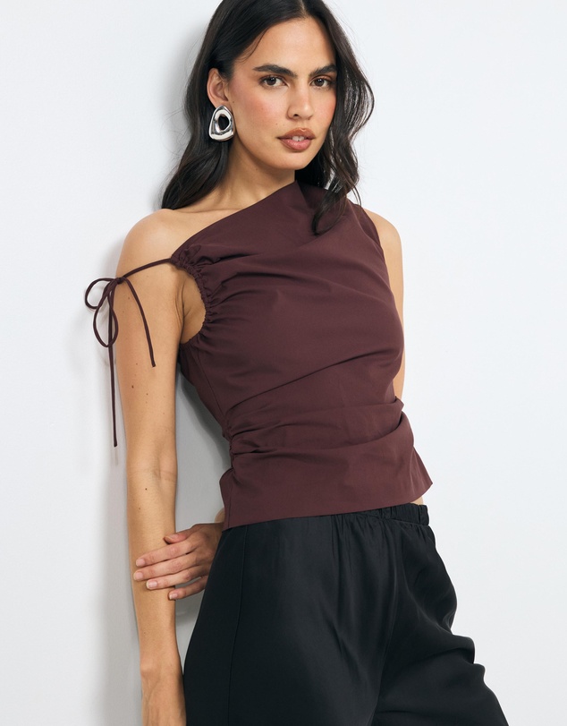 AERE - Evie Asymmetric Ruched Poplin Top
