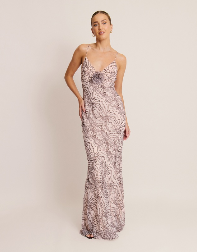 Six Stories - Strappy Coursage Beaded Abstract Maxi Dress