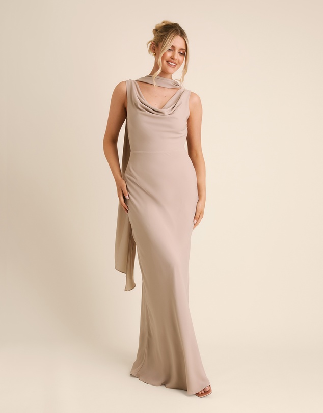 Six Stories - Plunge Cowl Front Chiffon Bridesmaid Dress with Neck Scarf
