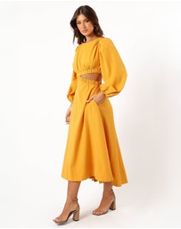 Petal & Pup - Ginnee Puff Sleeve Cutout Midi Dress - Mustard