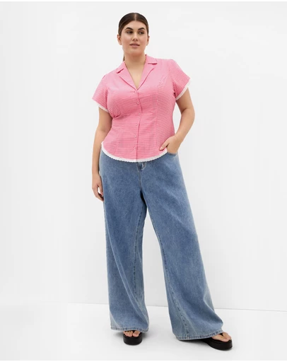 City Chic - Plus Size Eleni Gingham Shirt - watermelon