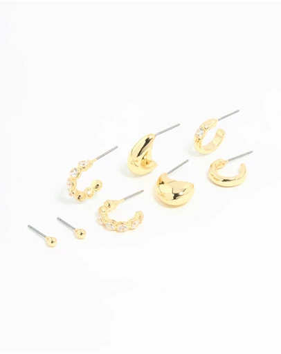 Lovisa - Gold Plated Cubic Zirconia Bezel Set Hoop & Stud Earrings 4-Pack