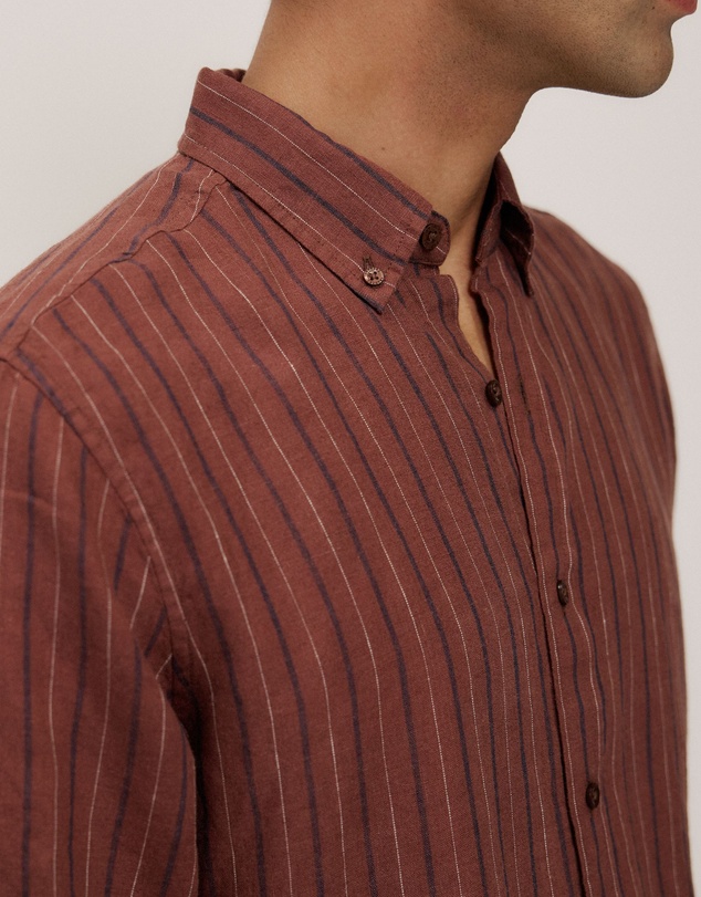 Trenery - Regular Fit Delave Linen Stripe Shirt in Redwood