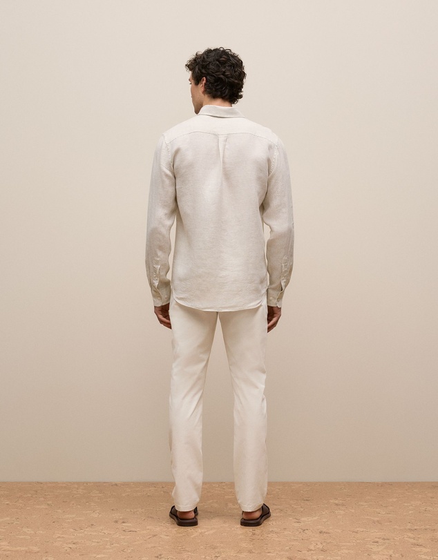 Trenery - Regular Fit Linen Micro Check Long Sleeve Shirt in Stone