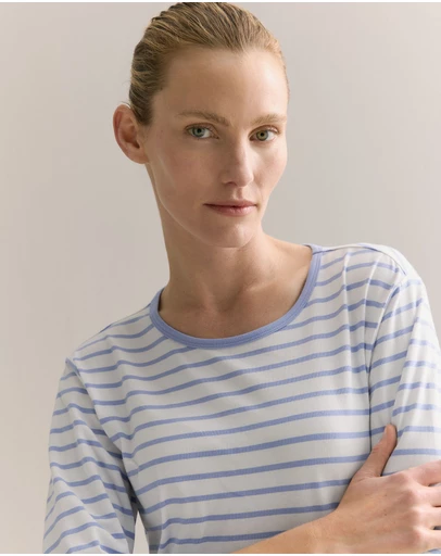 Trenery - Cotton Stripe 3/4 Sleeve T-shirt in Cornflower Blue