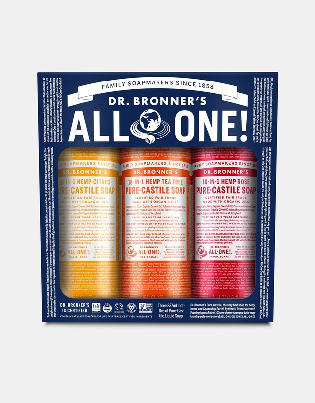 Dr Bronner's - Summer Loving Gift Set 3 x 237ml Dr Bronner's Castile Soap Rose, Citrus and Tea Tree