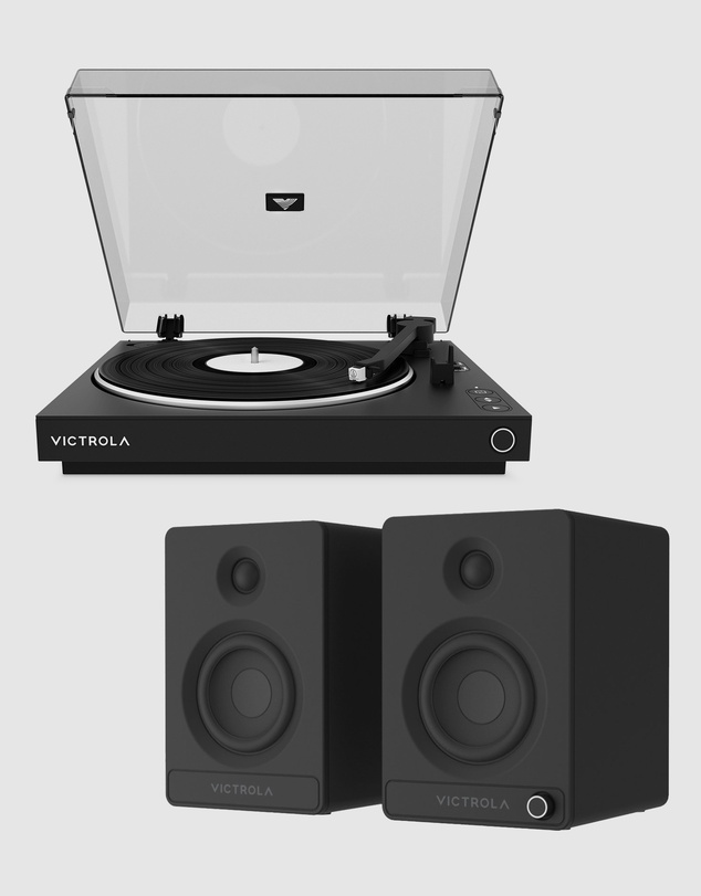 Victrola - Victrola Automatic Turntable + Victrola Tempo Bookshelf Speakers Bundle - Black