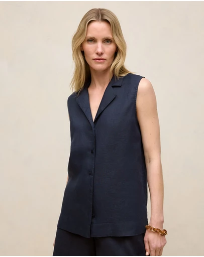 Trenery - Linen Sleeveless Shirt in Night Sky