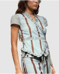 Laagam - Atena Turquoise Striped Wrap Blouse