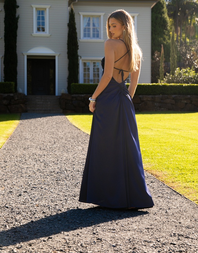 Beginning Boutique - Blaise Navy Satin Maxi Dress