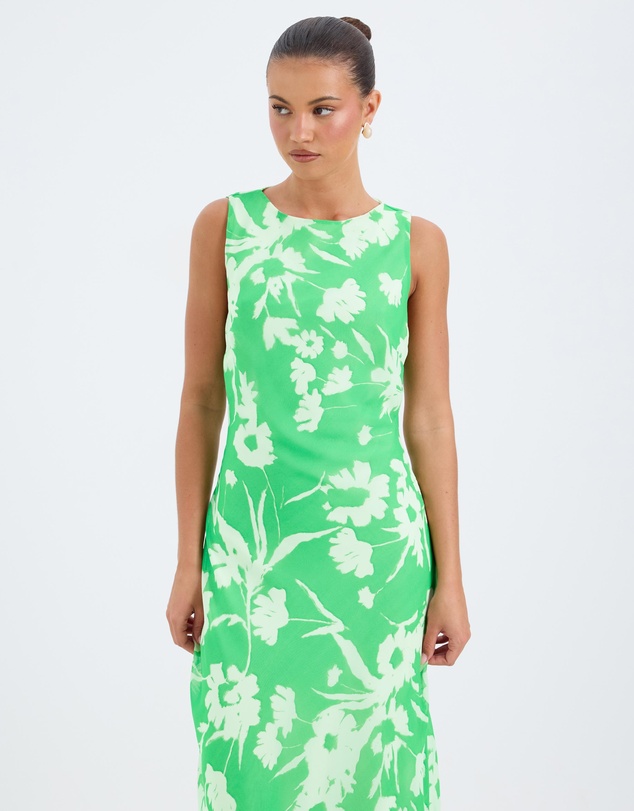 Calli - Aurora Verde Floral Print Bias Boat Neck Midi Dress