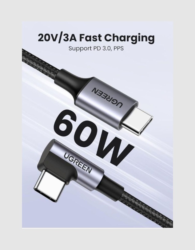 Ugreen - UGREEN 90 Degree Angle USB-C Male to USB-C Male 60W Braided Cable 2m