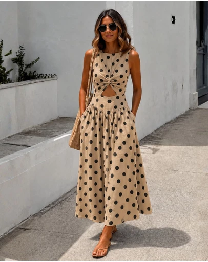 Esther & Co - Rafiya Dress - Beige Spot