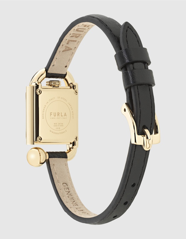 Furla - Mianuvola Square Yellow Gold-Tone Black Leather Strap Watch