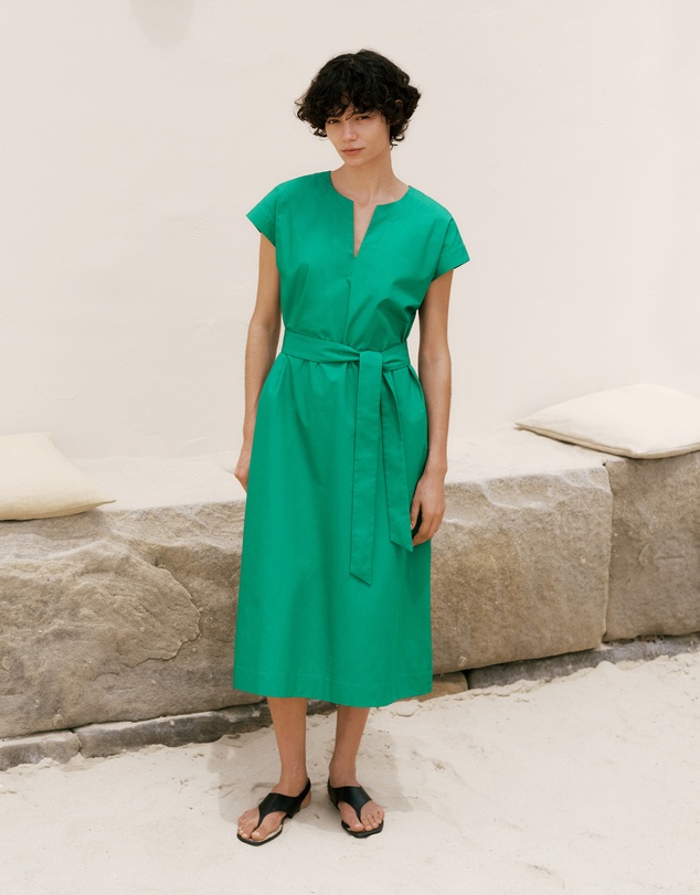 Trenery - Cotton Poplin Cap Sleeve Belted Dress in True Green