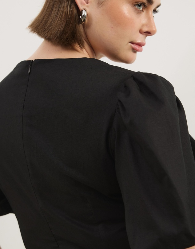 Atmos&Here Curvy - Stephanie Sweetheart Puff Sleeve Linen Blend Midi Dress