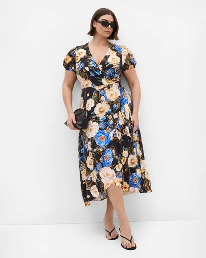City Chic - Plus size Regal Bloom Print Wrap Dress - black