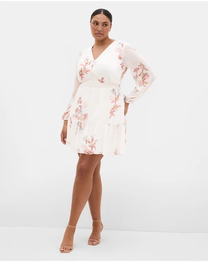 City Chic - Plus size Kiki Long Sleeve Print Mini Dress - ivory