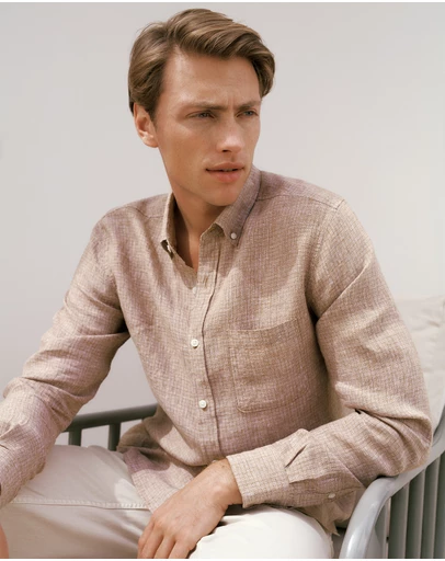 Trenery - Regular Fit Yarn Dyed Linen Grid Shirt in Camel