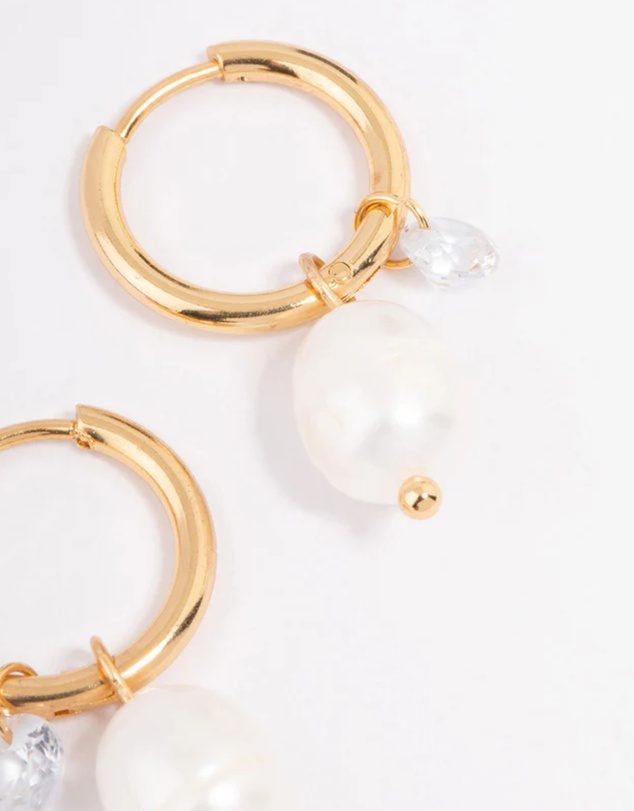 Lovisa - Waterproof Gold Plated Stainless Steel Classic Freshwater Pearl & Cubic Zirconia Huggie Earrings