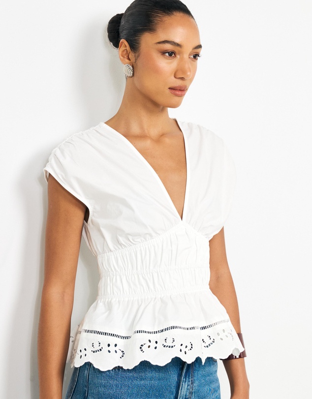 AERE - Bonnie Ruched Lace Peplum Top