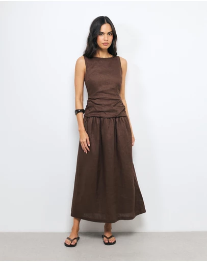 AERE - Eira Ruched Drop Waist Linen Maxi Dress