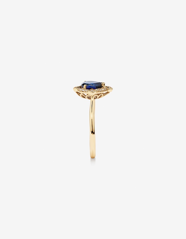 Michael Hill - Pear Cut Created Sapphire and Diamond Halo Ring in 10kt Yellow Gold