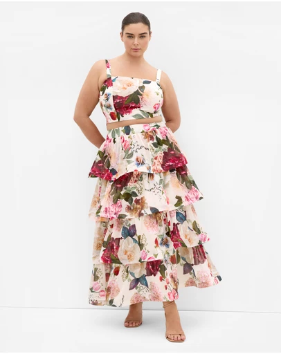 City Chic - Plus size Bianka Botanical Print Tiered Skirt - creme