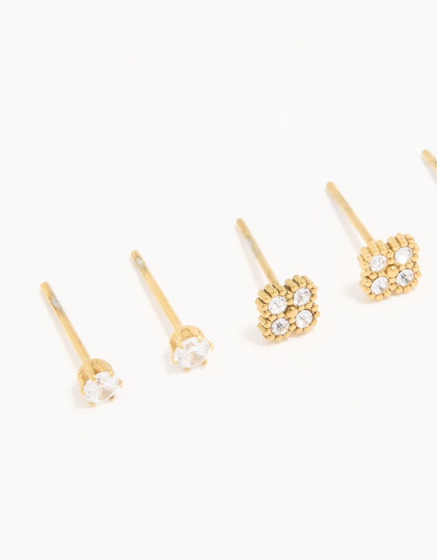 Lovisa - Waterproof Gold Plated Stainless Steel Cubic Zirconia Flower & Classic Stud Earrings 4-Pack