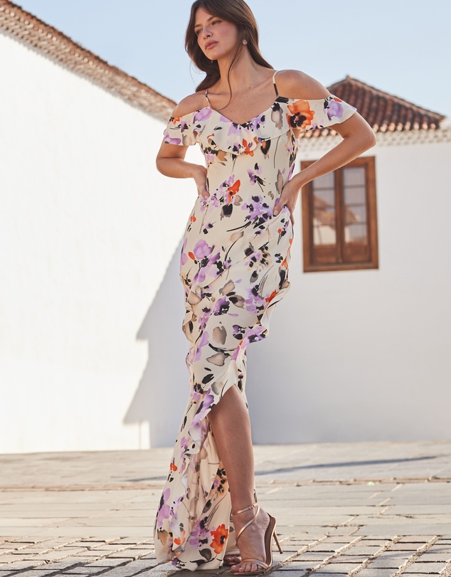 Sosandar - Cold Shoulder Ruffle Maxi Dress