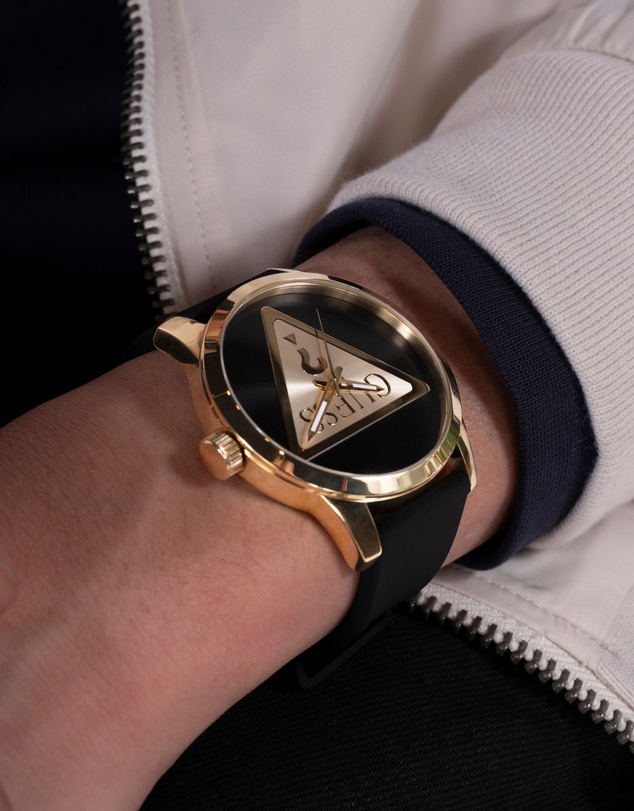 GUESS - Guess Triangle Men's 44mm Black Dial Gold-Tone Case and Black Leather Strap