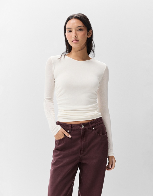 UNISON - Long Sleeve Ruched Mesh Top