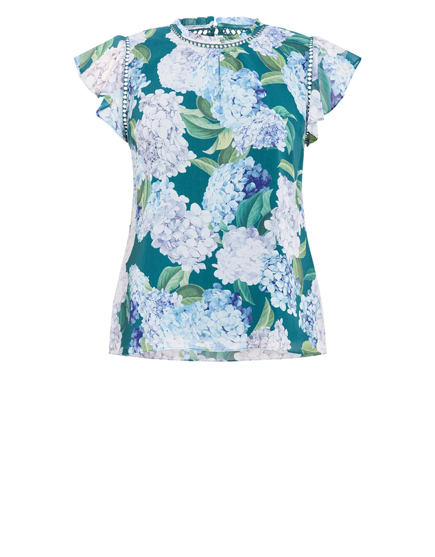 City Chic - Plus size Lexi Hydrangea Print Short Sleeve Top - jade