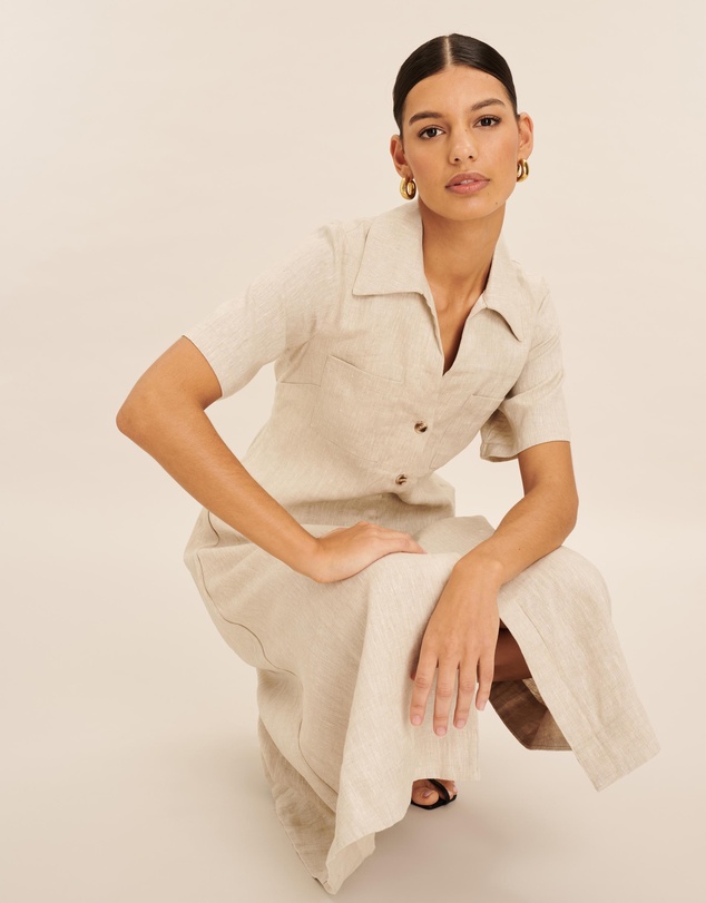 AERE - Opal Linen Open Collar Midi Dress