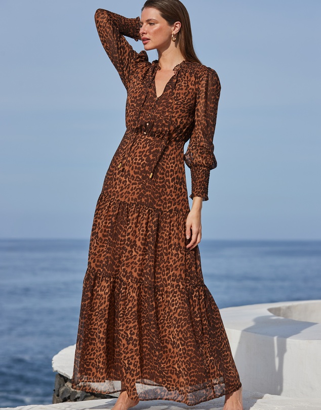 Sosandar - Leopard Print Button Front Tiered Maxi Dress