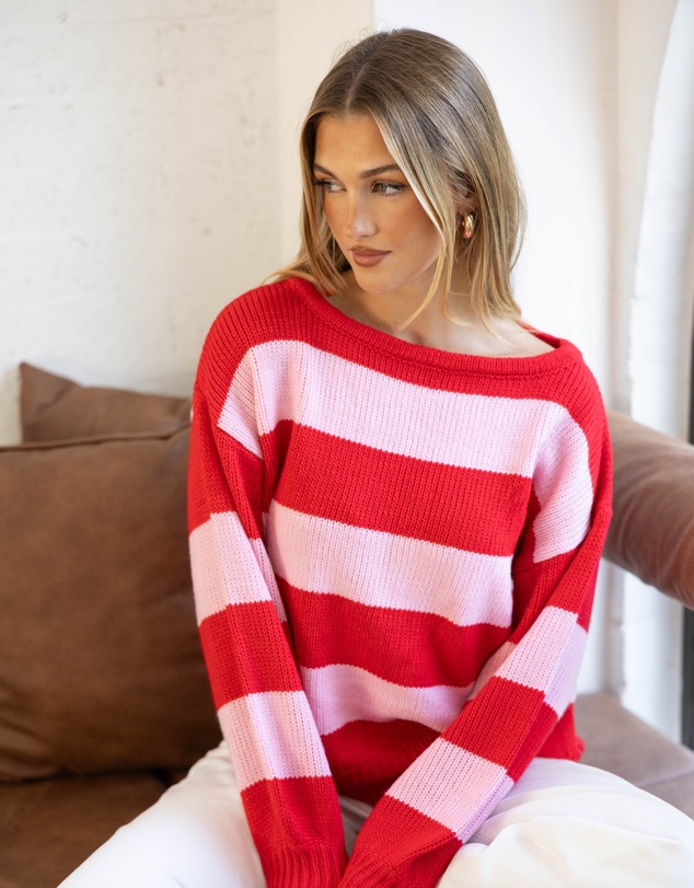 Beginning Boutique - Finley Red and Pink Stripe Off Shoulder Knit Sweater