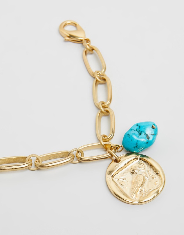 Ancient Greek Sandals - Oval Chain Owl Gold & Turquoise Anklet