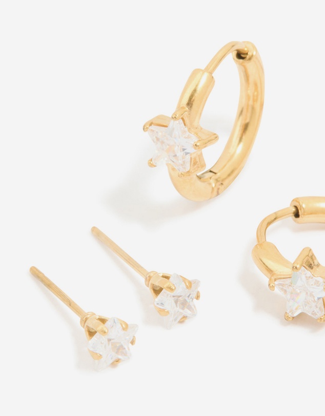 Lovisa - Waterproof Gold Plated Stainless Steel Cubic Zirconia Huggie & Stud Earrings 3-Pack
