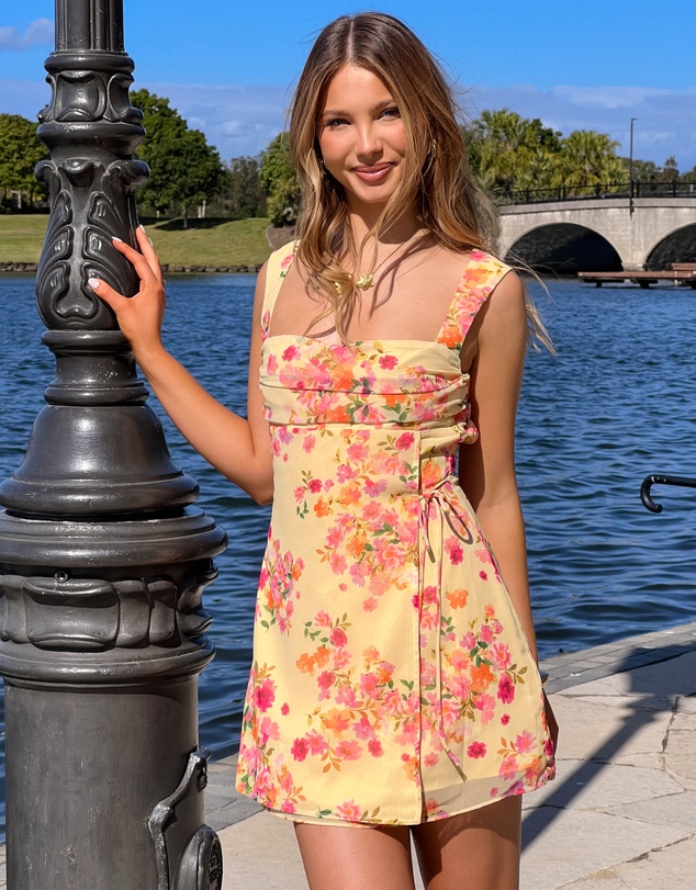 Beginning Boutique - Aveta Yellow Bloom Tie Mini Dress