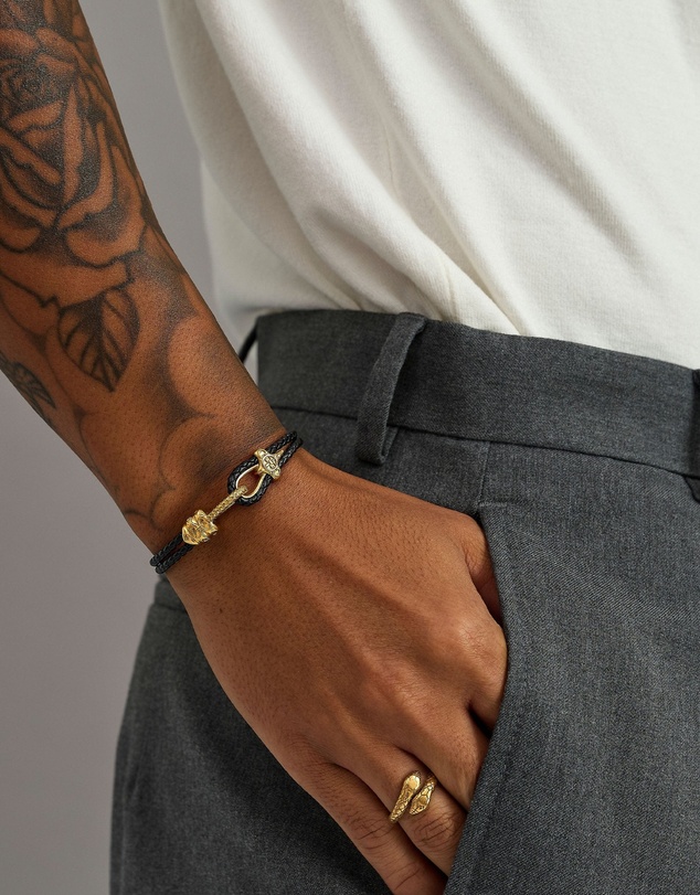 Nialaya Jewellery - Black Leather Bracelet with Gold Rope Clasp