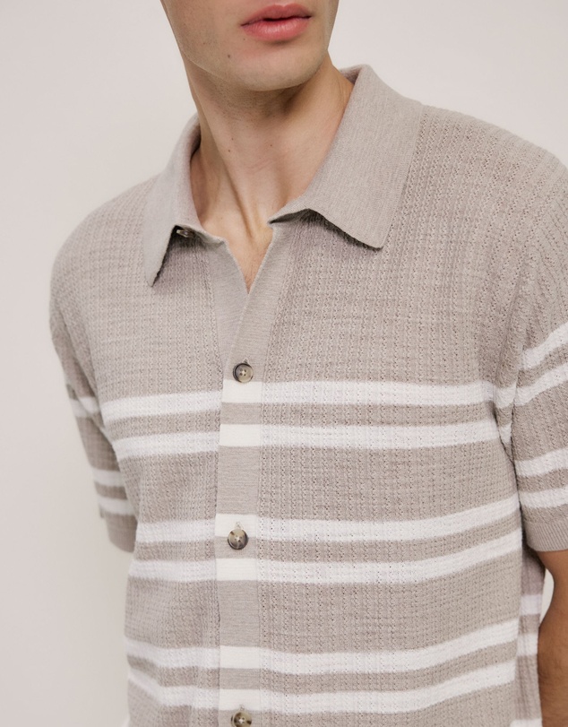 Trenery - Cotton Linen Stripe Knit Shirt in Stone