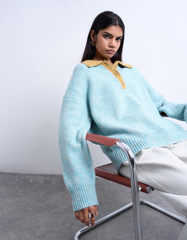 TOPSHOP - Knitted Oversized Twist Yarn Contrast Collar Polo