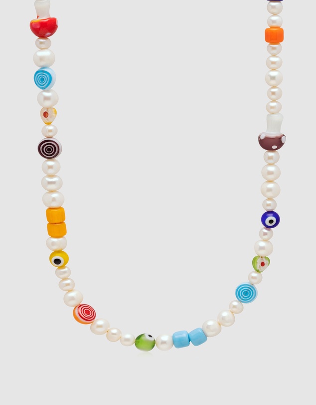 Nialaya Jewellery - Men's Pearl Choker with Playful Glass Beads