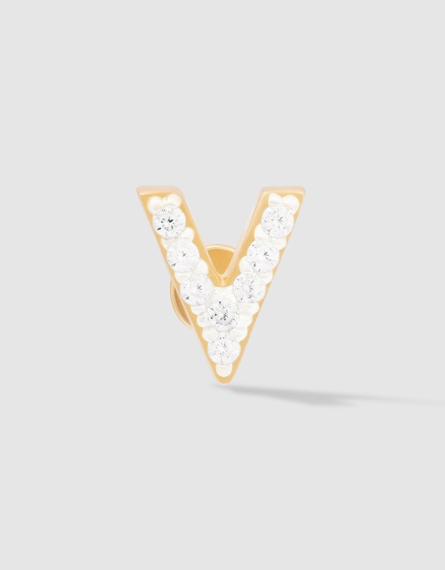 Wanderlust + Co - Alphabet Pave Gold Flat Back Earring - Letter V