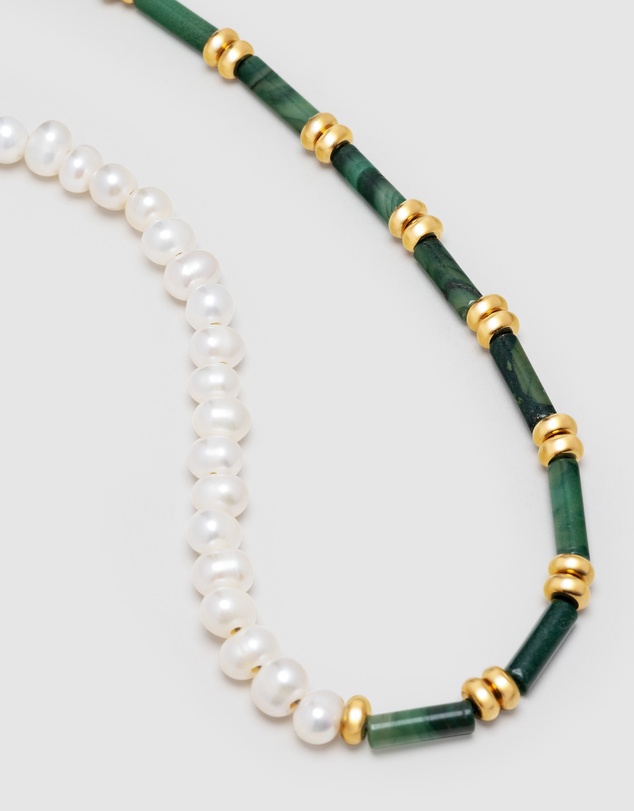 Nialaya Jewellery - Beaded Necklace with Freshwater Pearls and Green Jade
