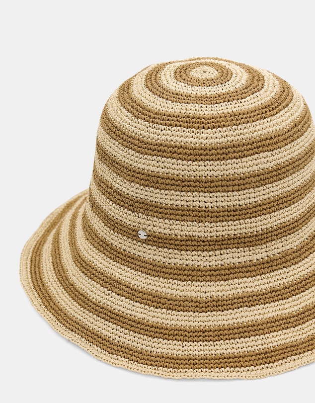 Morgan & Taylor - Dune Crochet Straw Bucket Hat in Tan Natural and Beige Stripe