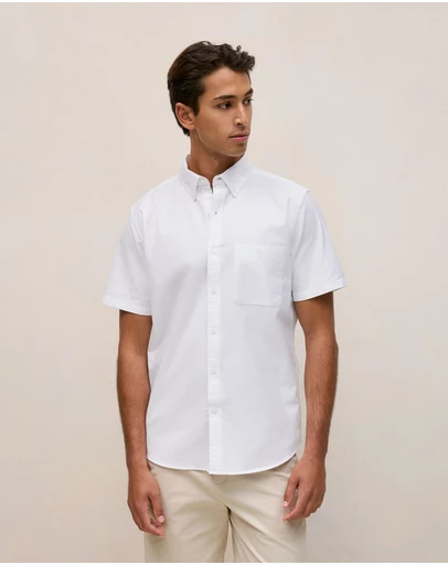Trenery - Monogram Short Sleeve Oxford Shirt in White