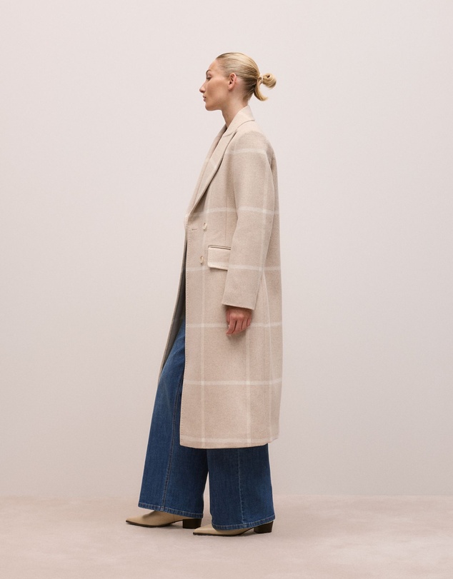 Trenery - Italian Wool Blend Check Coat in Stone