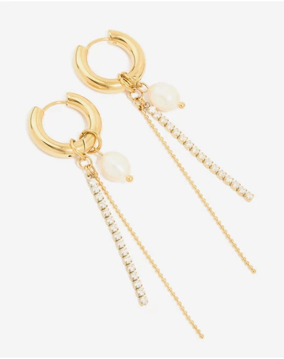 Lovisa - Waterproof Gold Plated Stainless Steel Freshwater Pearl & Diamante Cup Chain Huggie Earrings